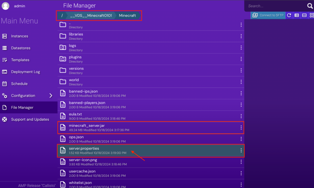 The Hostinger Game Panel, showing the File Manager open to the Minecraft folder and the server.properties file selected