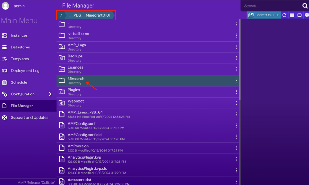 The Hostinger Game Panel, showing the File Manager and virtual directory for our new Minecraft server instance opened and the Minecraft folder selected