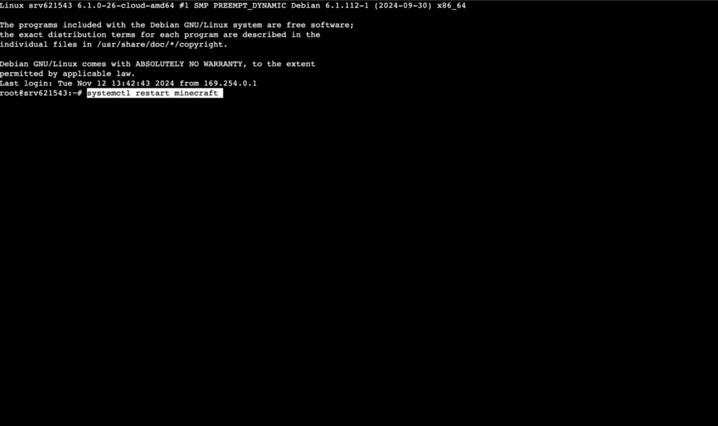 The browser terminal window, showing the command to restart the Minecraft server