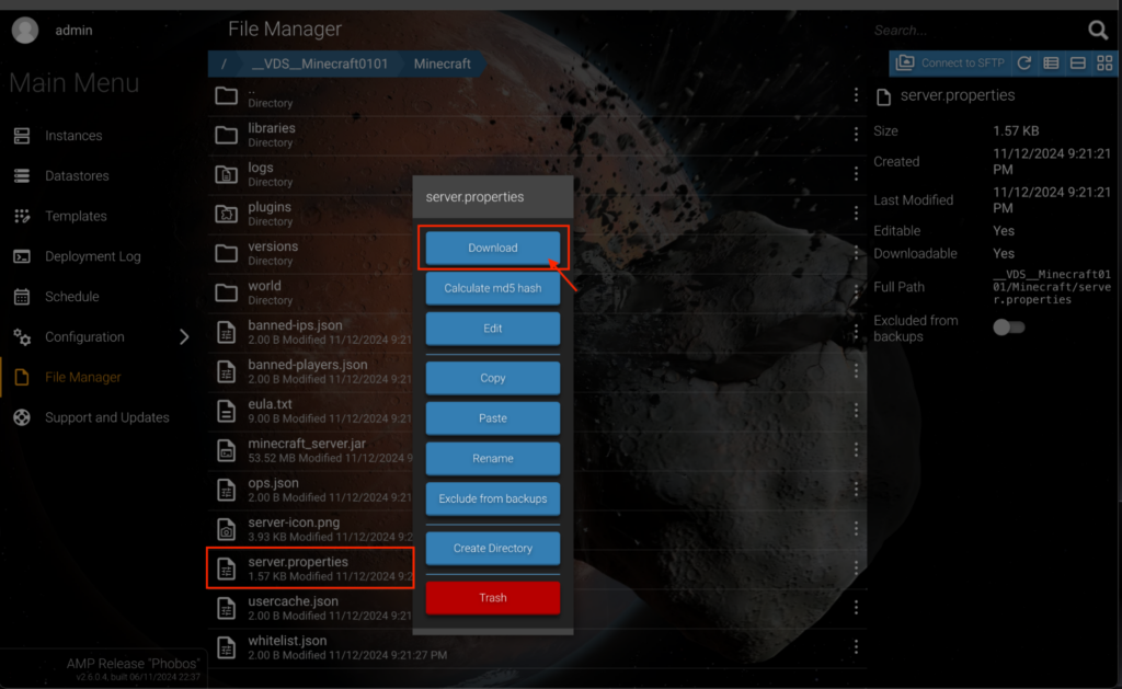 The Hostinger Game Panel's File Manager, showing the menu options once the server.properties file is right-clicked. The Download option is highlighted.