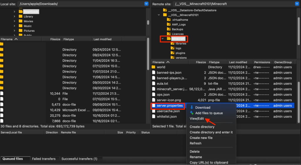 The FileZilla FTP client, showing the server.properties file selected in the remote site directory and the Download option highlighted