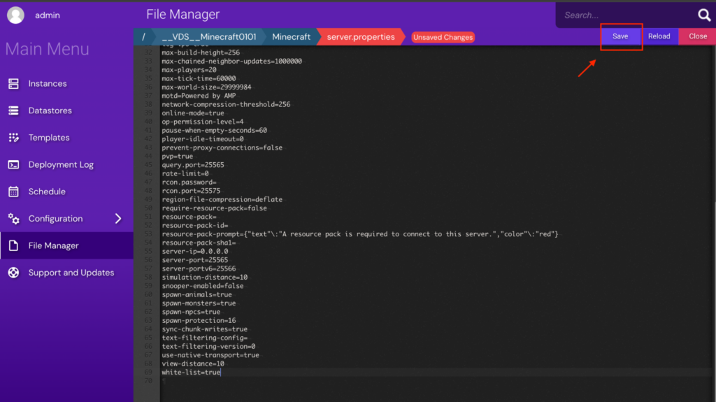 The Hostinger Game Panel's File Manager, showing the server.properties file and the Save button highlighted in the top right corner