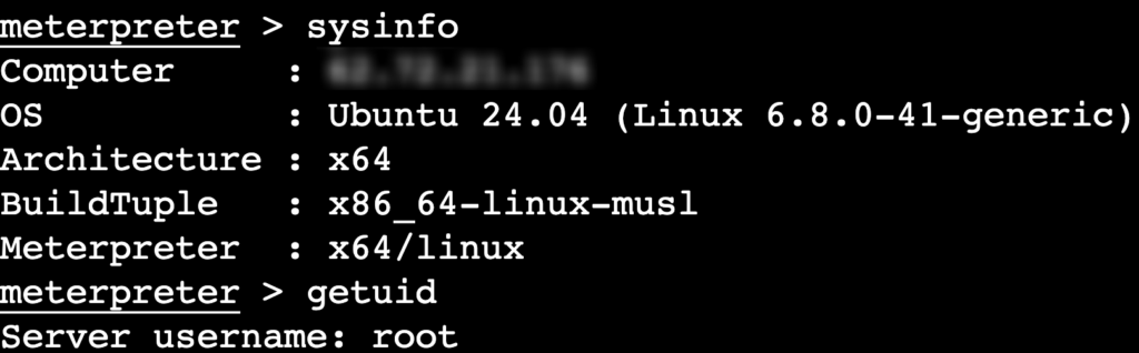 The outputs of sysinfo and getuid commands in Meterpreter