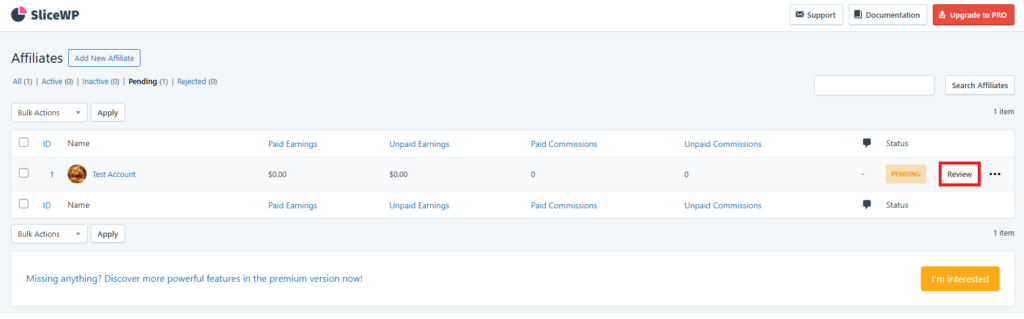 The Review button highlighted in SliceWP's Affiliate menu