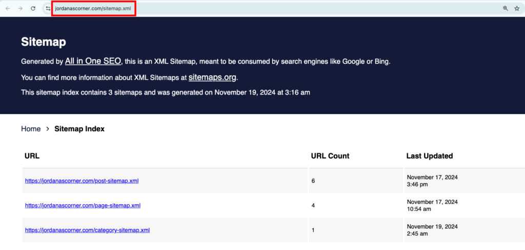 WordPress XML sitemap URL generated by AIOSEO