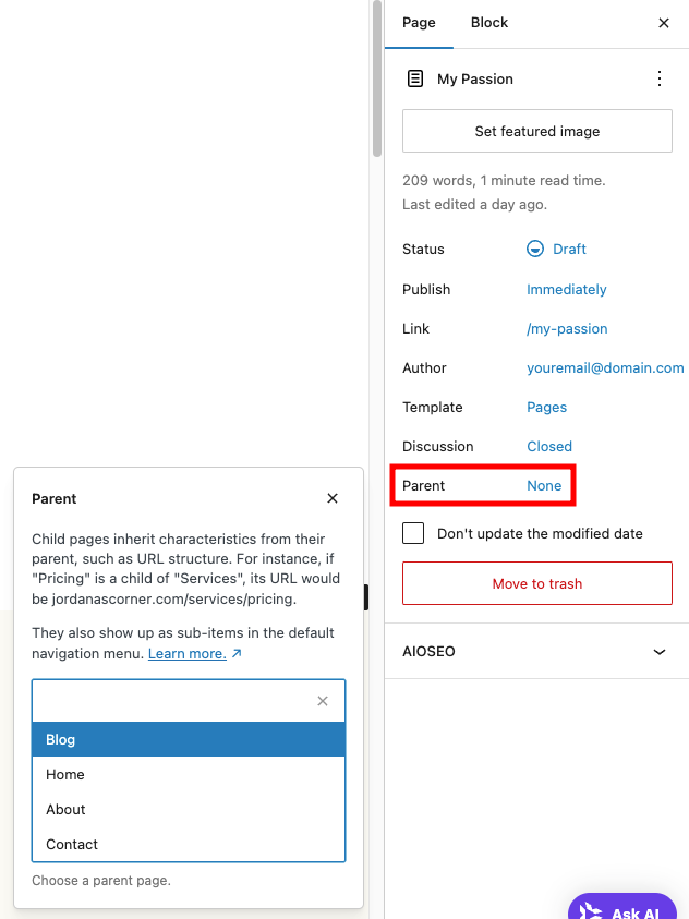 WordPress page editor, highlighting the parent page attribute
