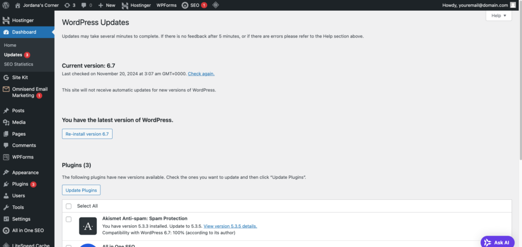 WordPress Updates section
