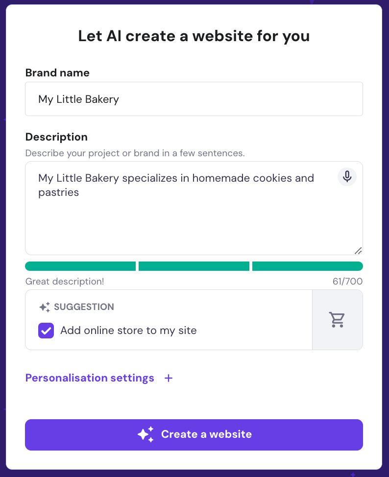 AI setup flow of Hostinger Website Builder