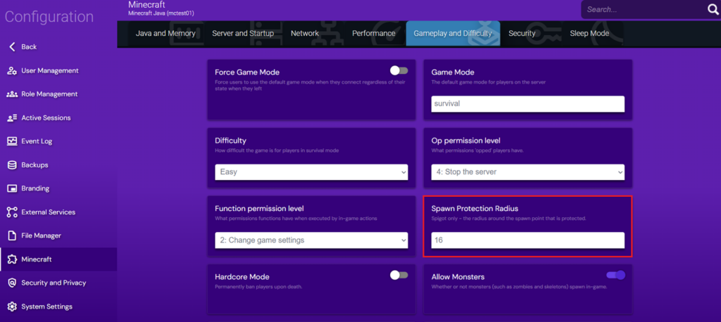 Game Panel instance configuration parameters