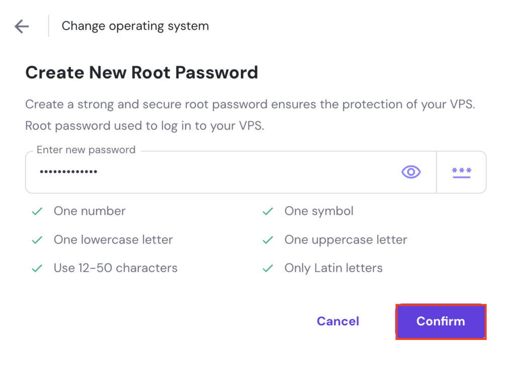 The Confirm button in the Change operating system popup of hPanel's VPS