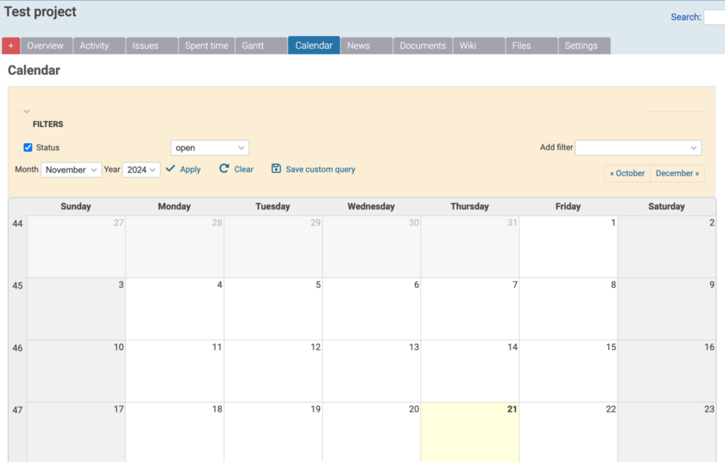 Calendar view in Redmine