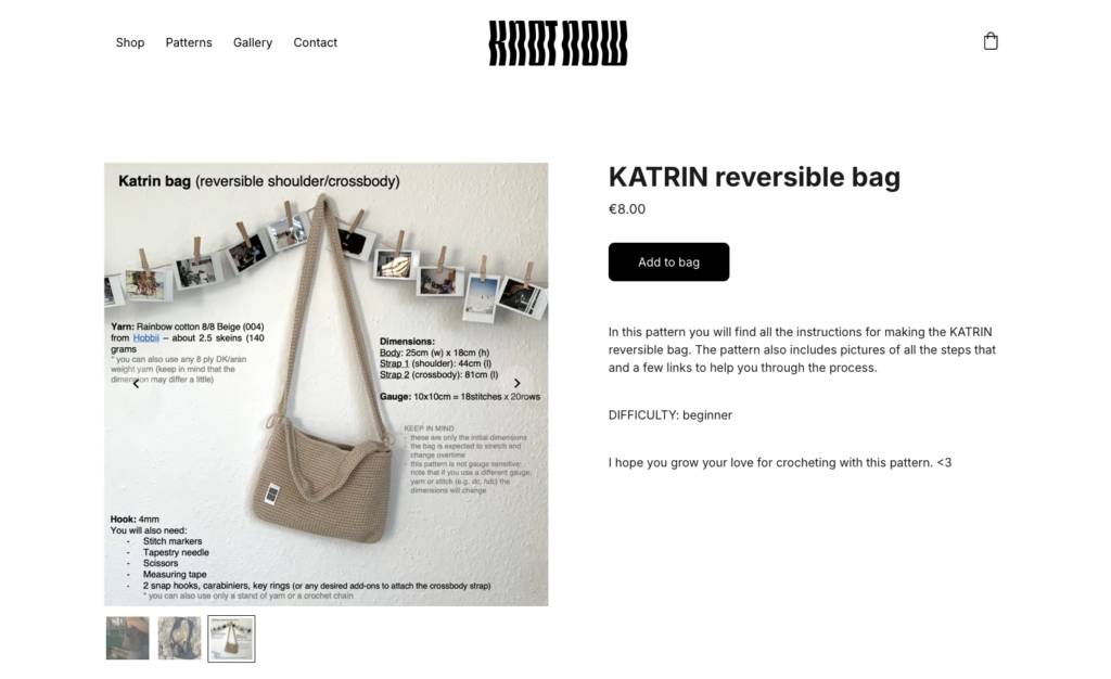 Know Now reversible bag pattern product page