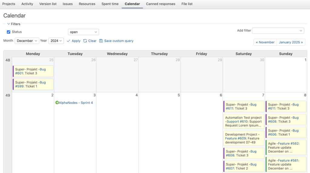 Calendar view in Redmine