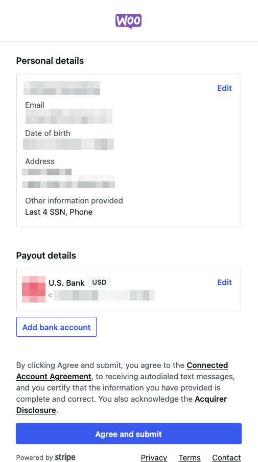 Reviewing personal details as part of the process of connecting WooPayments to Stripe