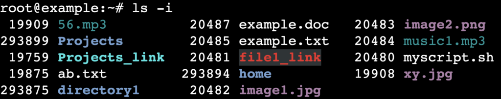 The ls -i command's output in the terminal