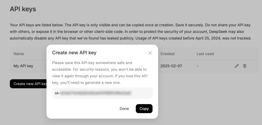 The generated API key in DeepSeek platform's API keys page