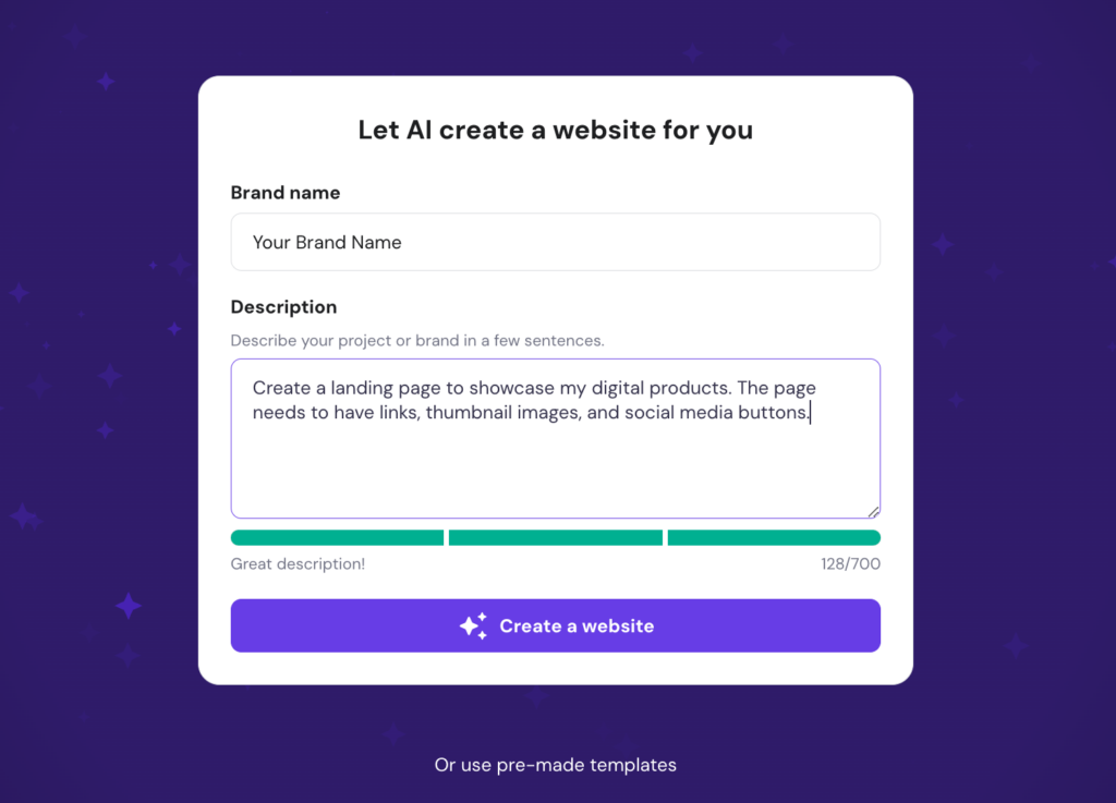 Hostinger AI website builder prompt box