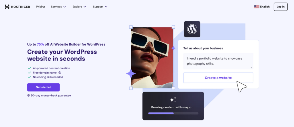 Hostinger's WordPress AI website builder landing page