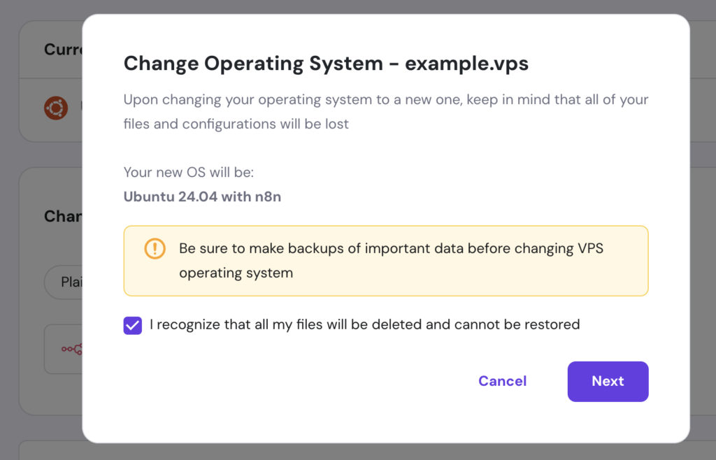 The Change Operating System confirmation dialog in hPanel's VPS