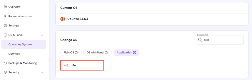 The n8n template in the Change OS section of hPanel's VPS