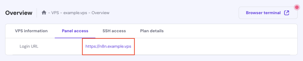 The n8n login URL in hPanel's VPS