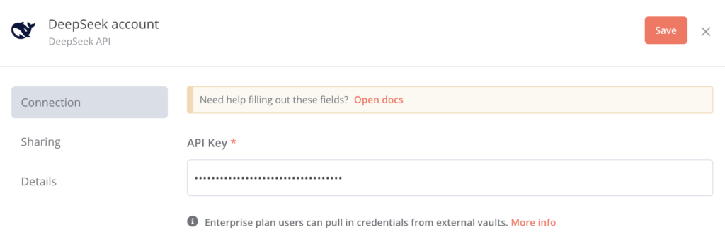 The API Key field in the DeepSeek configuration dialog of n8n