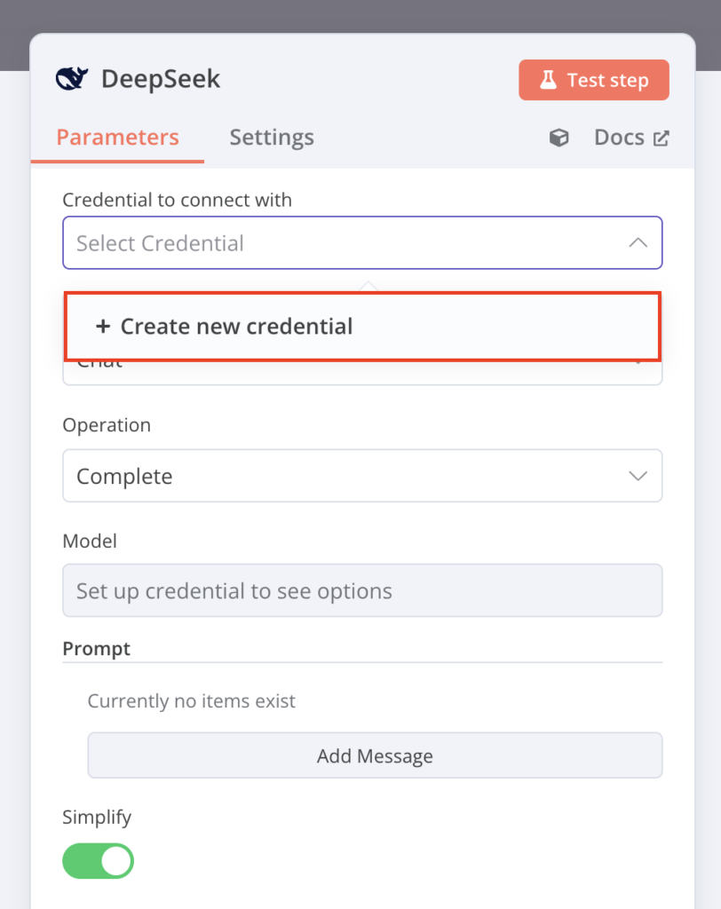 The Create new credential option in the DeepSeek configuration dialog of n8n