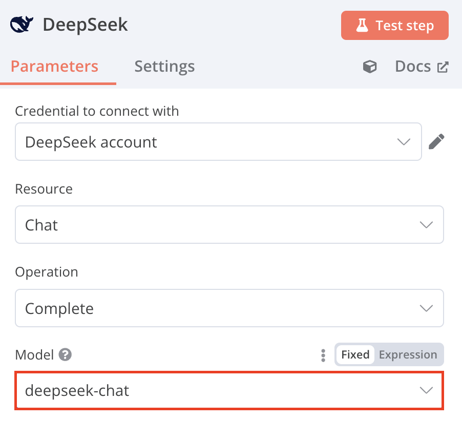 The deepseek-chat option in the Model field of DeepSeek's configuration dialog