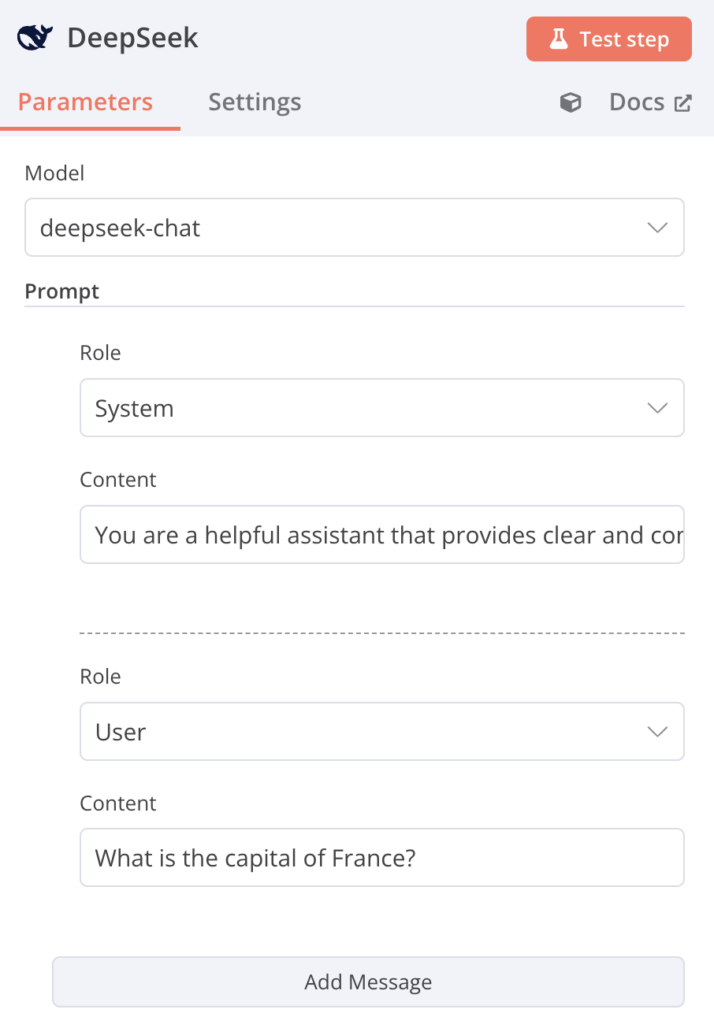 The Prompt section in the DeepSeek configuration dialog of n8n