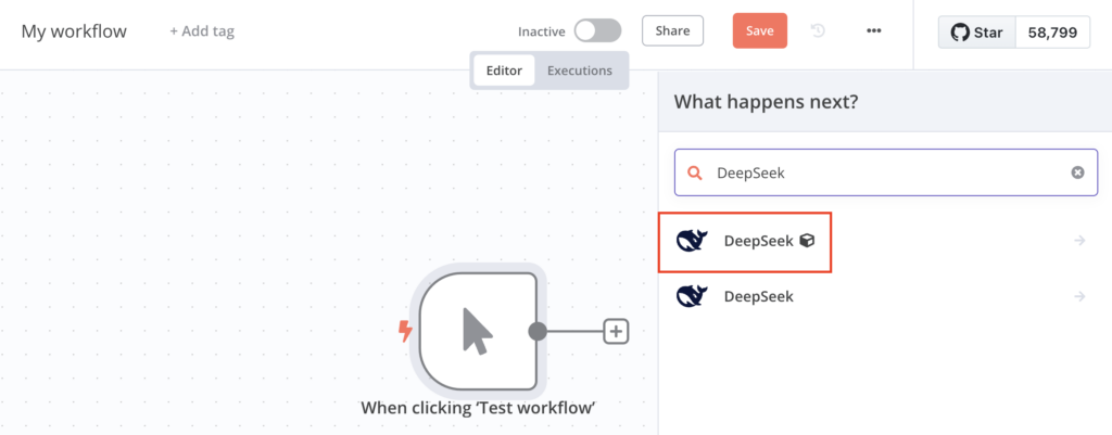 The DeepSeek node in n8n's workflow editor