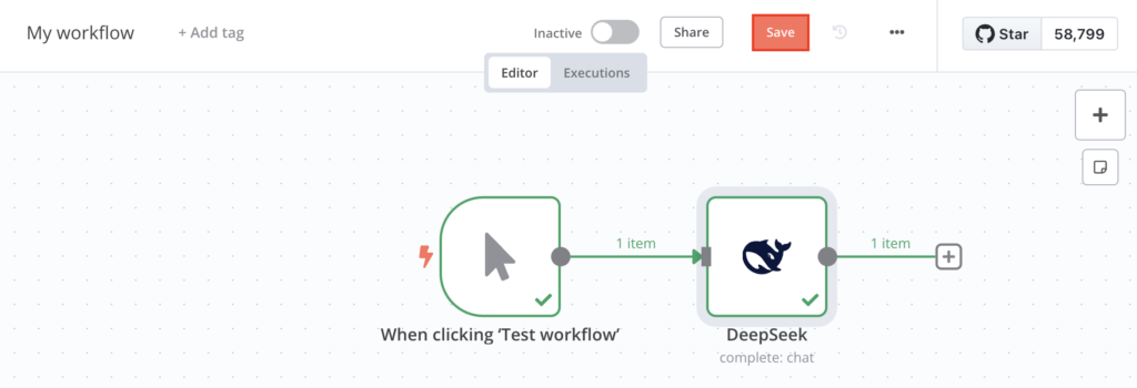 The Save button in n8n's workflow editor