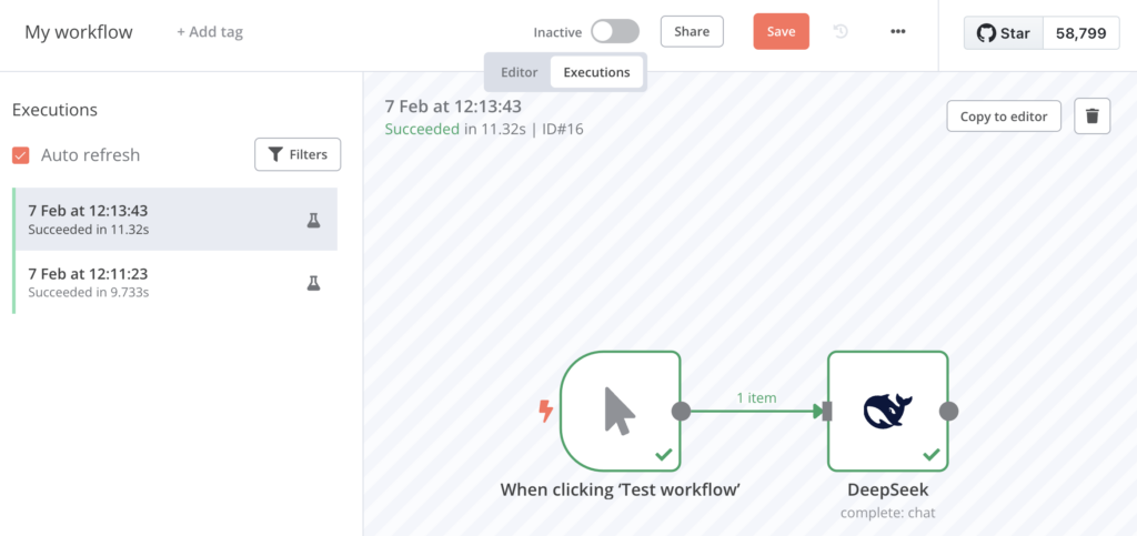 The Executions tab of n8n's workflow editor