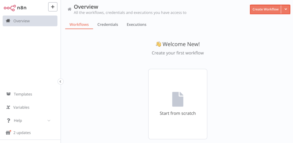 The Create Workflow button in n8n's Overview page