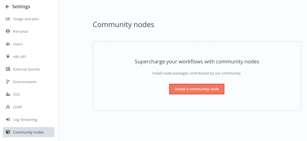 The Install a community node button in n8n's Settings menu