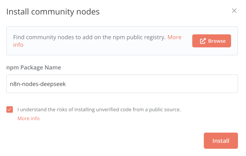 The Install community nodes dialog in n8n's Settings menu