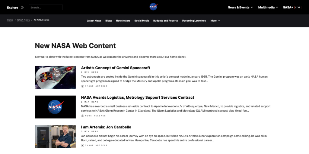 NASA News page