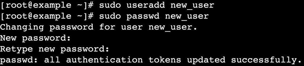 The sudo passwd new_user command's output in the terminal