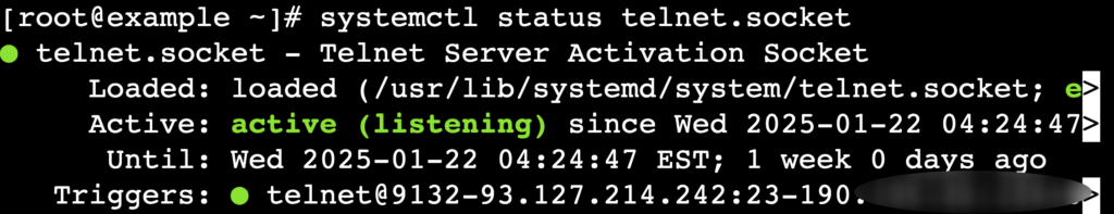 The systemctl status telnet.socket command's output in the terminal