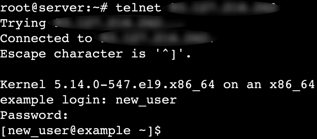 The telnet remote_server_ip command's output in the terminal