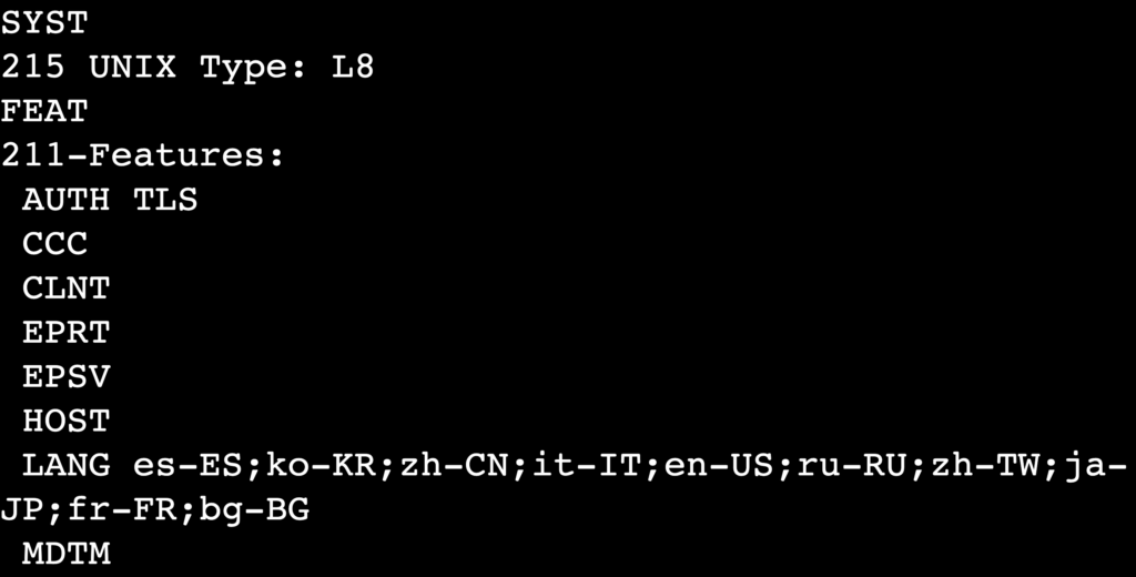 The FEAT command's output in terminal's telnet session