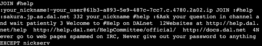 The JOIN #channel_name command's output in terminal's telnet session