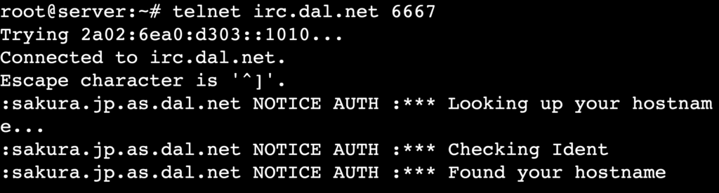 The telnet irc.domain.tld 6667 command's output in terminal's telnet session