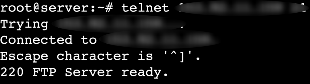 The telnet remote_server_ip 21 command's output in terminal's telnet session
