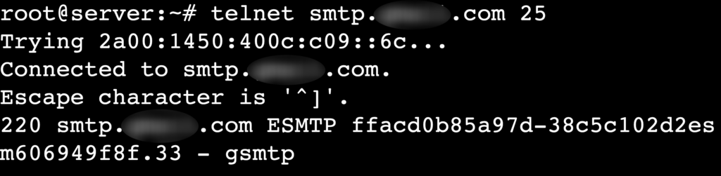 The telnet smtp.example.tld 25 command's output in terminal's telnet session