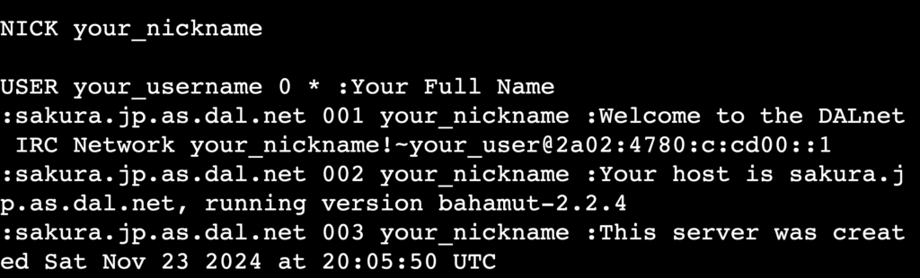 The USER your_username 0 * :Your Full Name command's output in terminal's telnet session